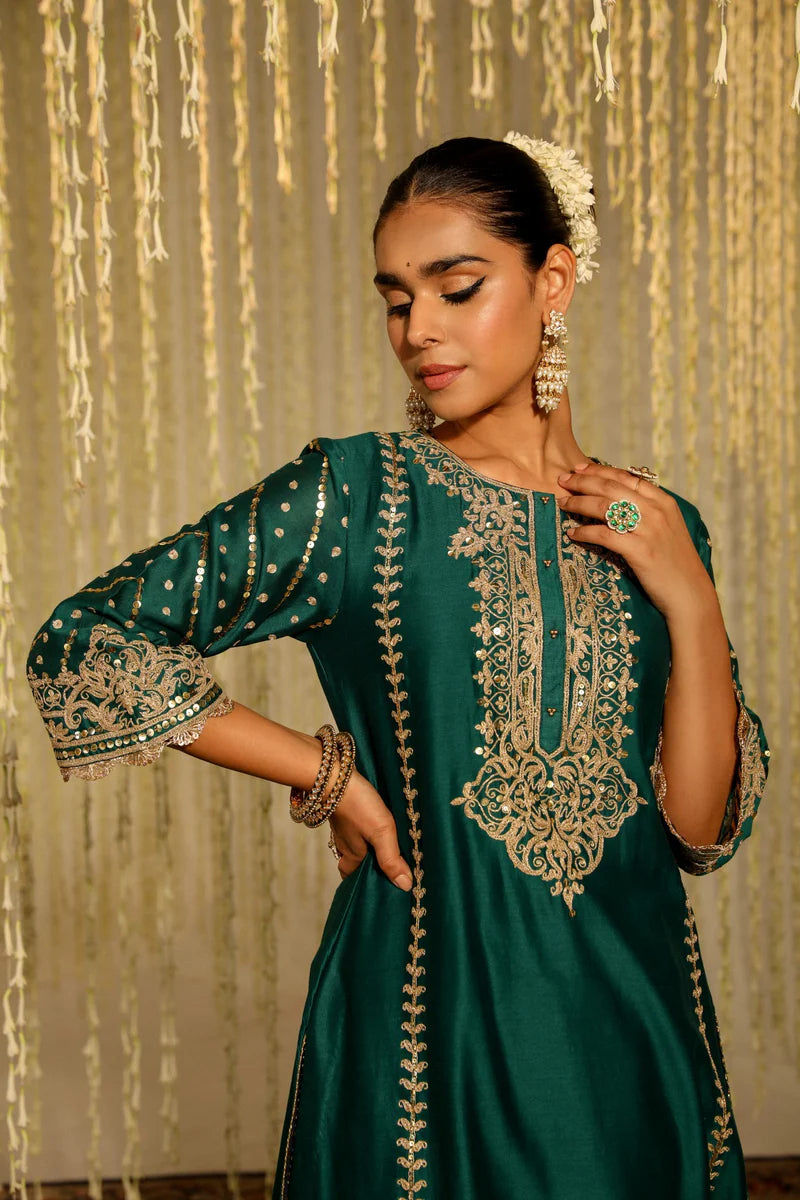 Sabirah Long kurta with salwar and dupatta - Emerald Green