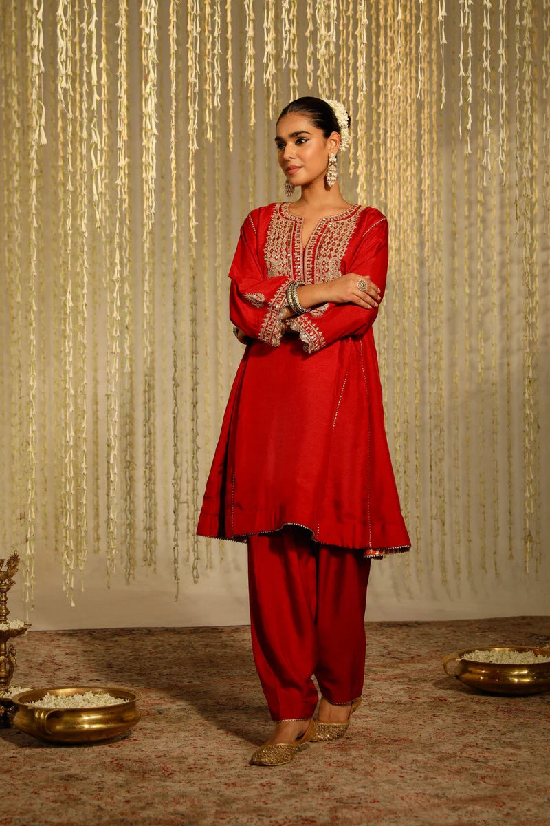 Mehreen Short Chauga with salwar  - Deep Red