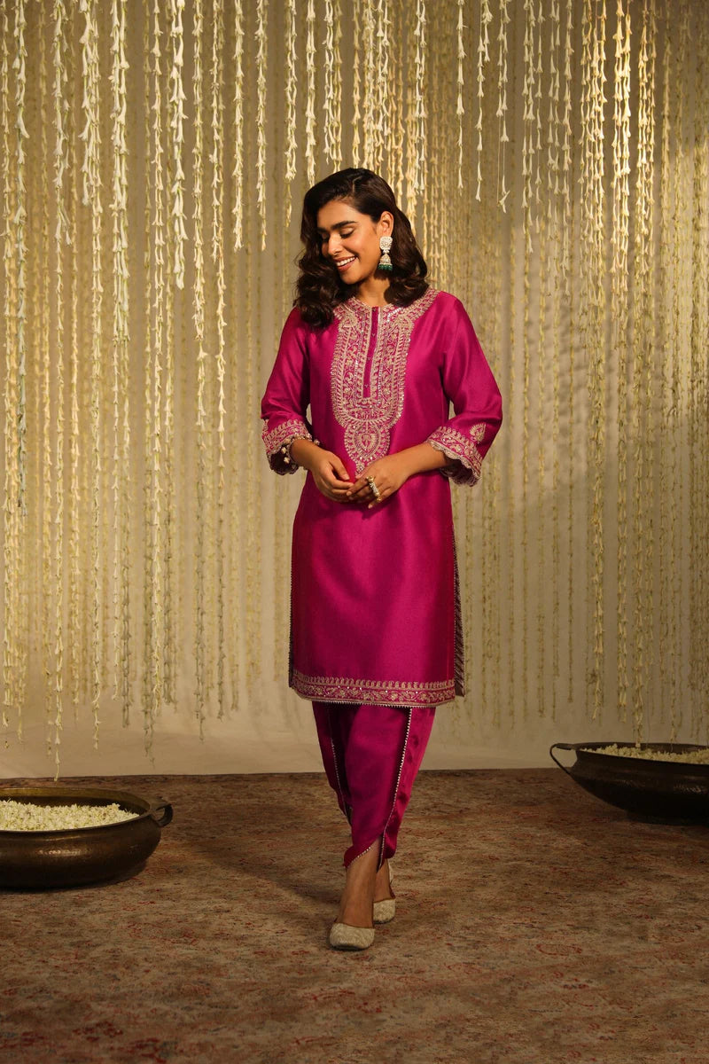 Enisa Straight kurta with dhoti - Hotpink