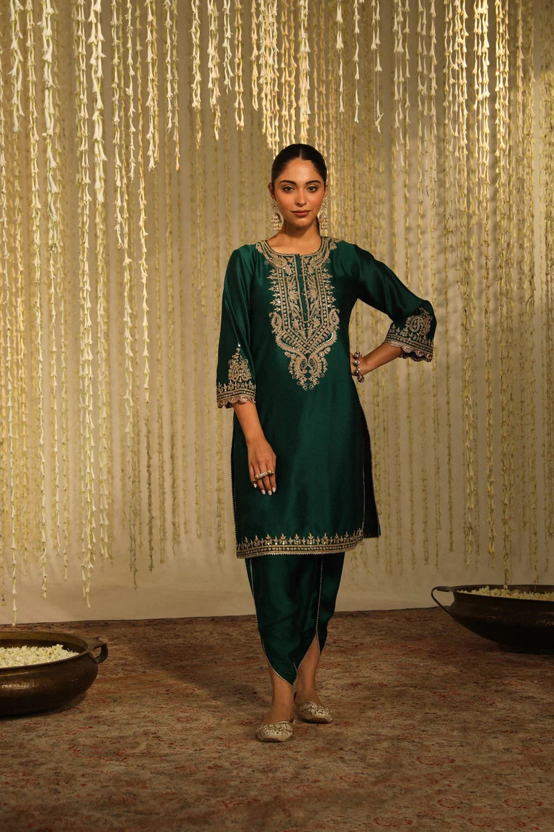 Amayra Short Kurta with Dhoti - Emerald Green