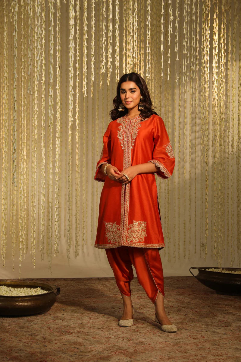 Gulbano Short Kurta with Dhoti - Burnt Orange