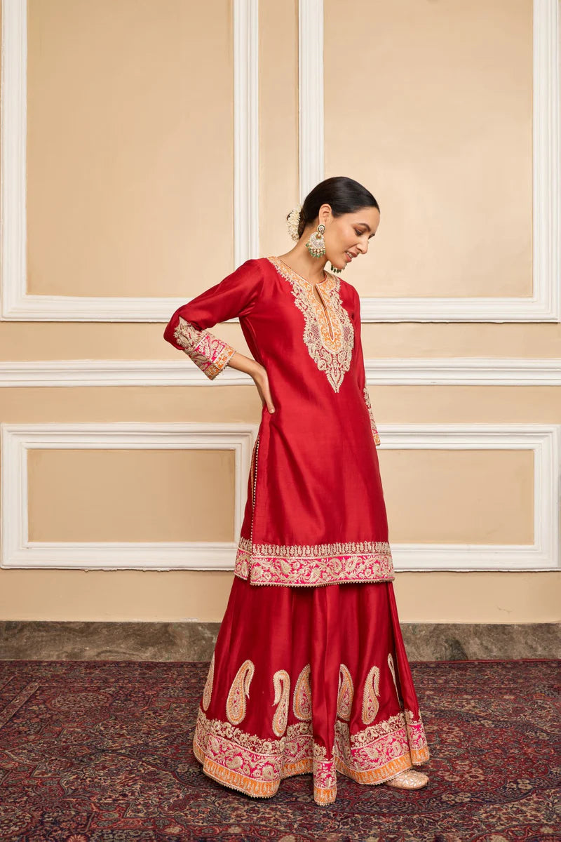 Amira Short Kurta Sharara Set - Deep Red