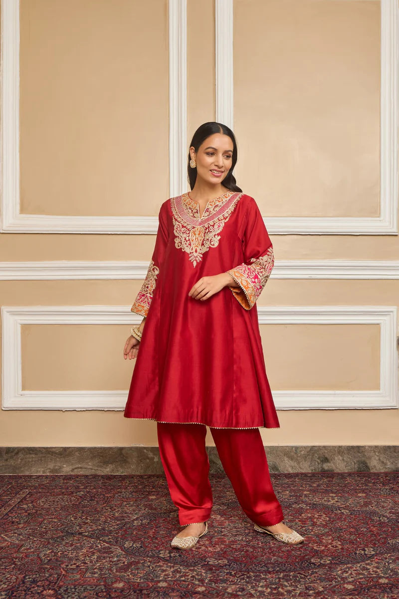 Mehrish Short Chauga with Salwar - Deep Red