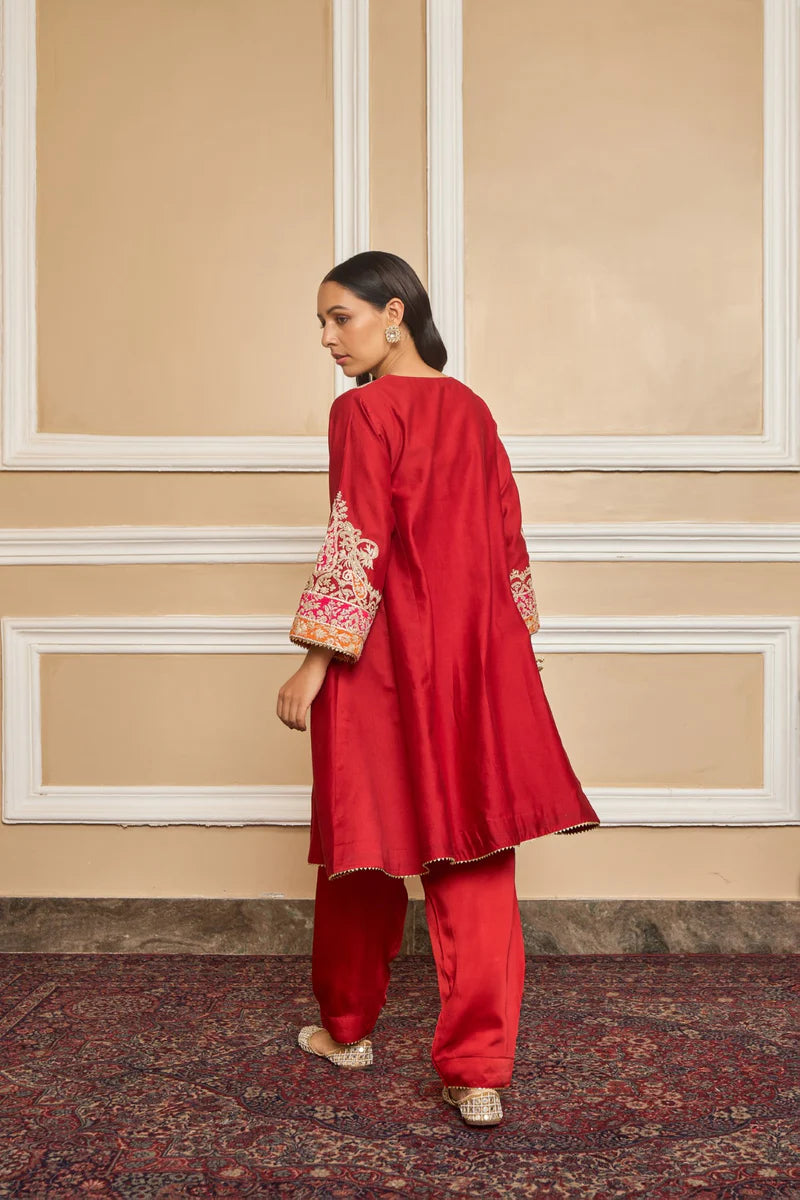 Mehrish Short Chauga with Salwar - Deep Red