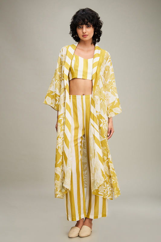 Ahyana Printed Co ord Set With Jacket - Yellow