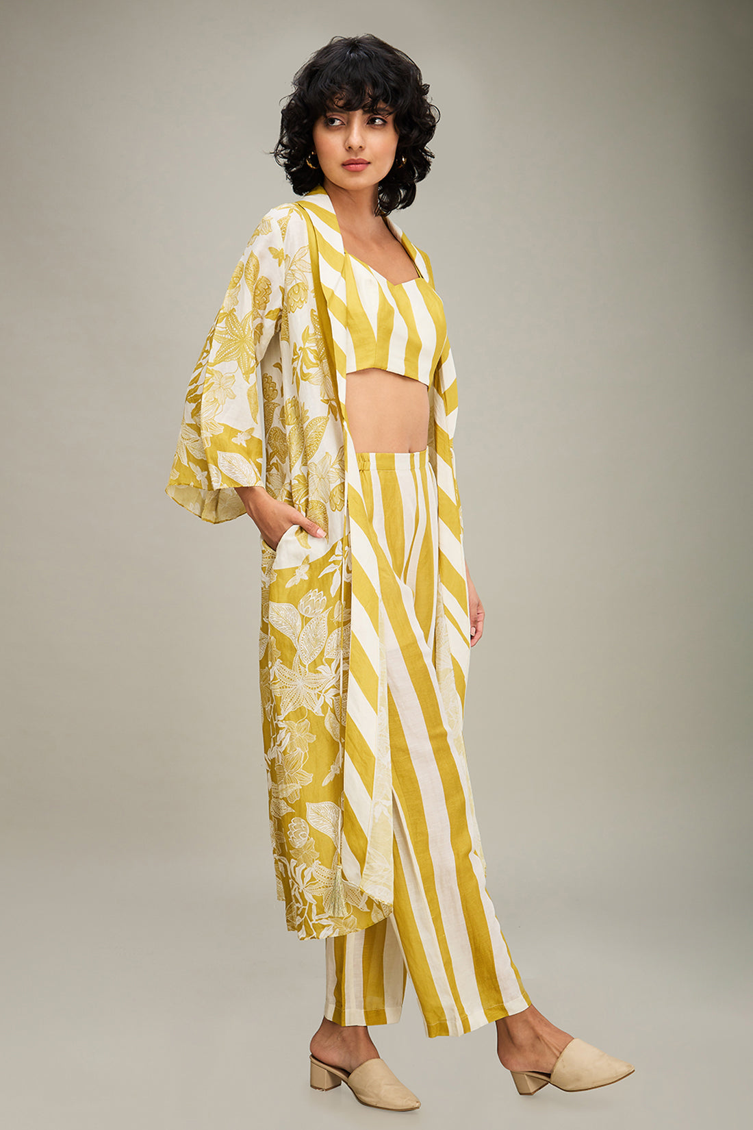 Ahyana Printed Co ord Set With Jacket - Yellow