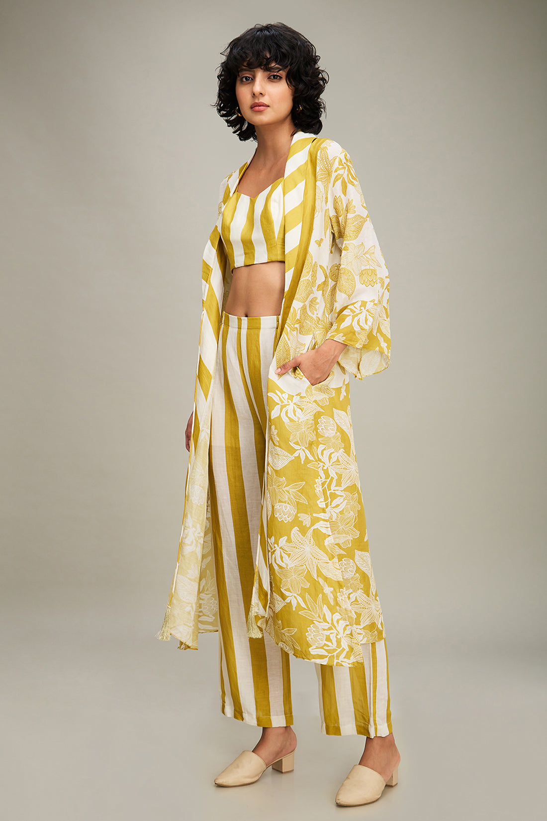 Ahyana Printed Co ord Set With Jacket - Yellow