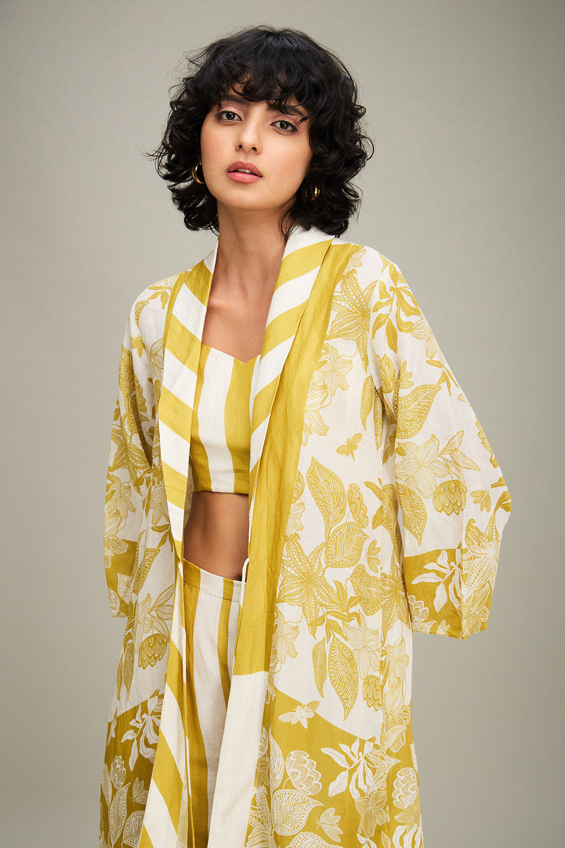 Ahyana Printed Co ord Set With Jacket - Yellow