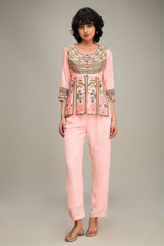 Mehr Embroidered Peplum Top With Pants - Pink