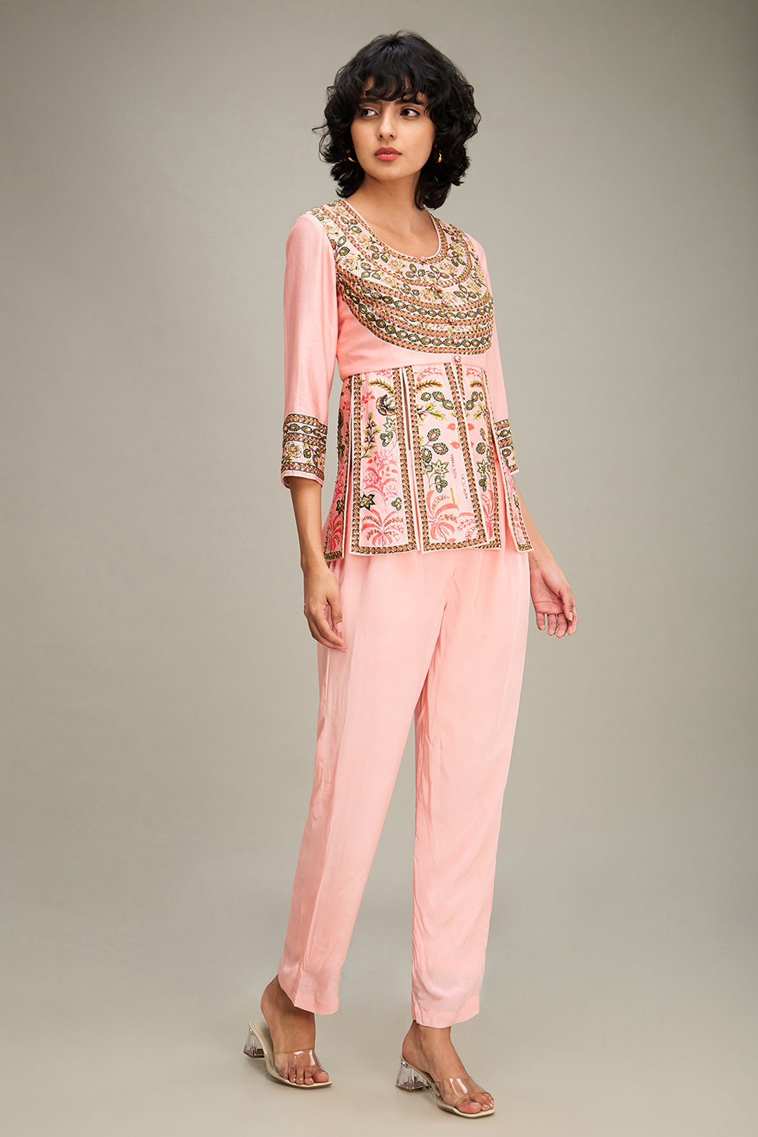 Mehr Embroidered Peplum Top With Pants - Pink