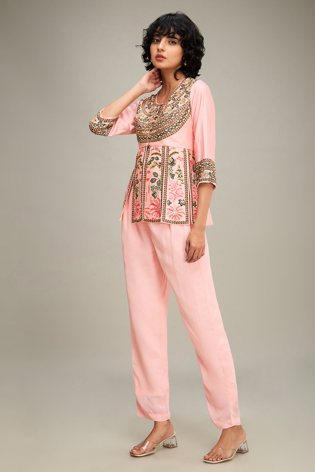 Mehr Embroidered Peplum Top With Pants - Pink