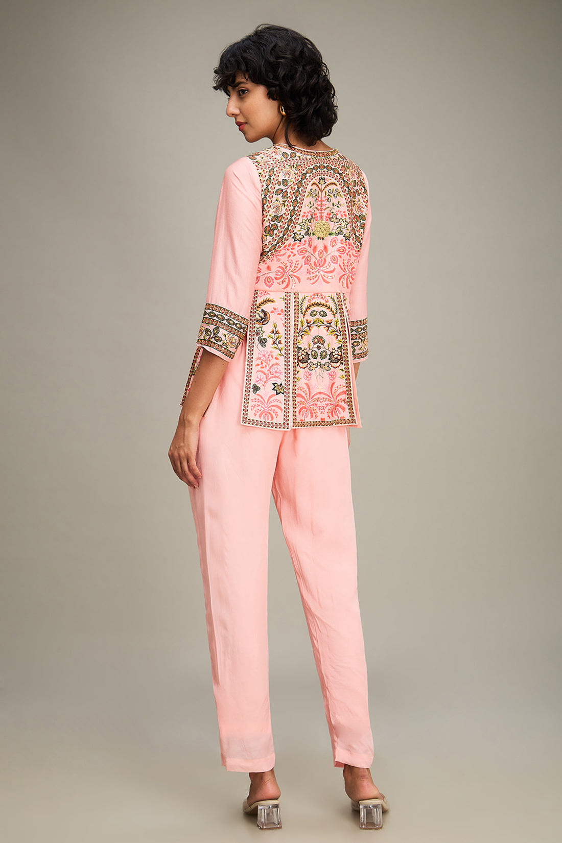 Mehr Embroidered Peplum Top With Pants - Pink