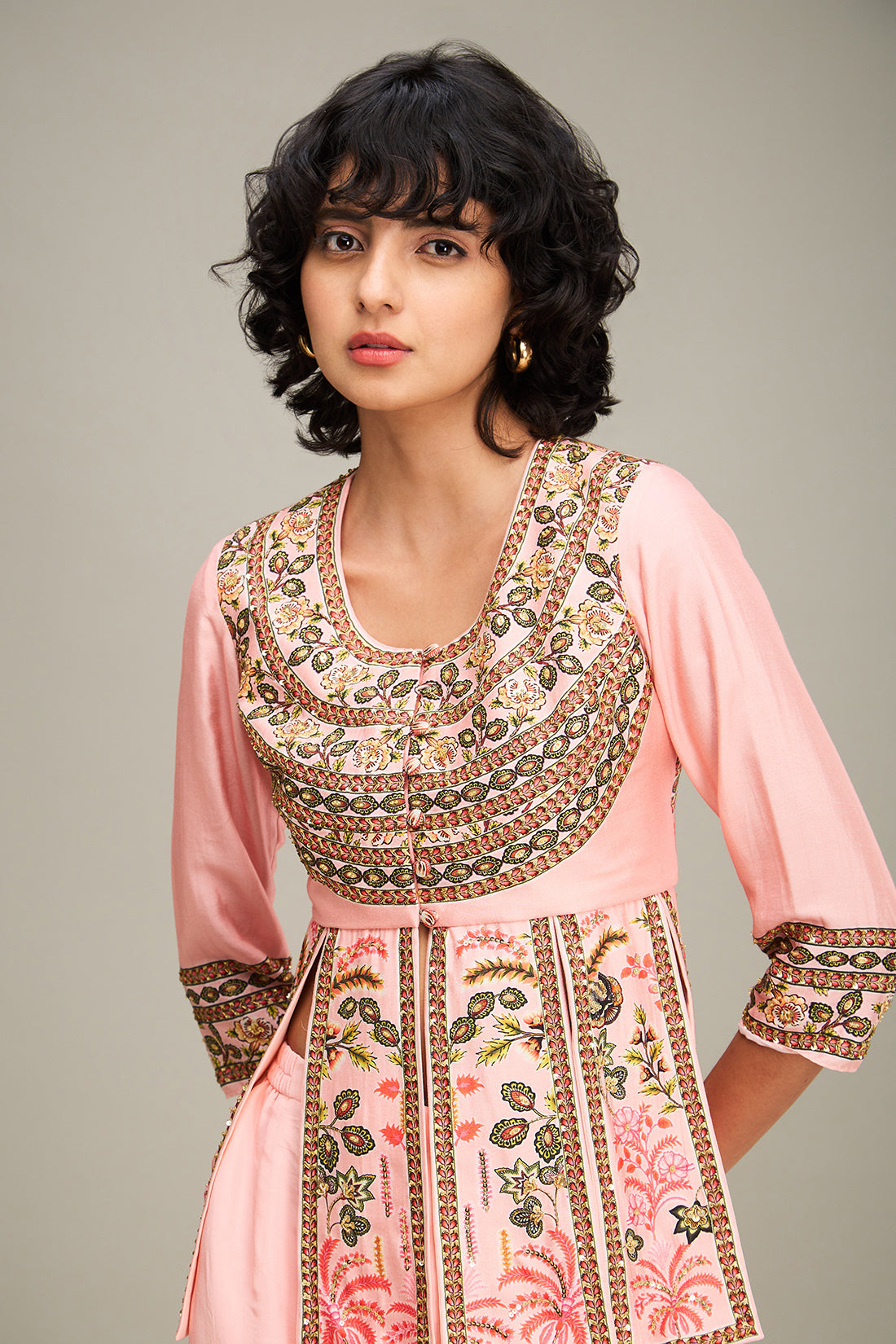 Mehr Embroidered Peplum Top With Pants - Pink