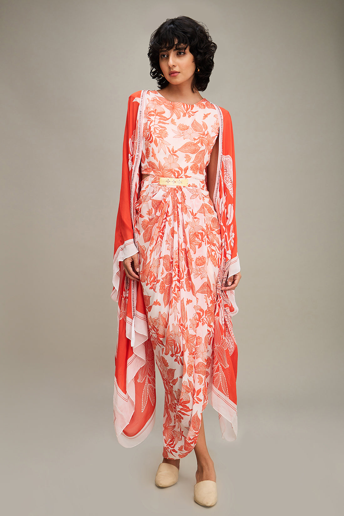 Ahyana Printed Drape Dress With Cape - Red