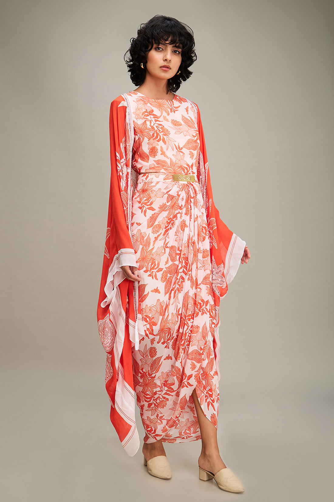 Ahyana Printed Drape Dress With Cape - Red