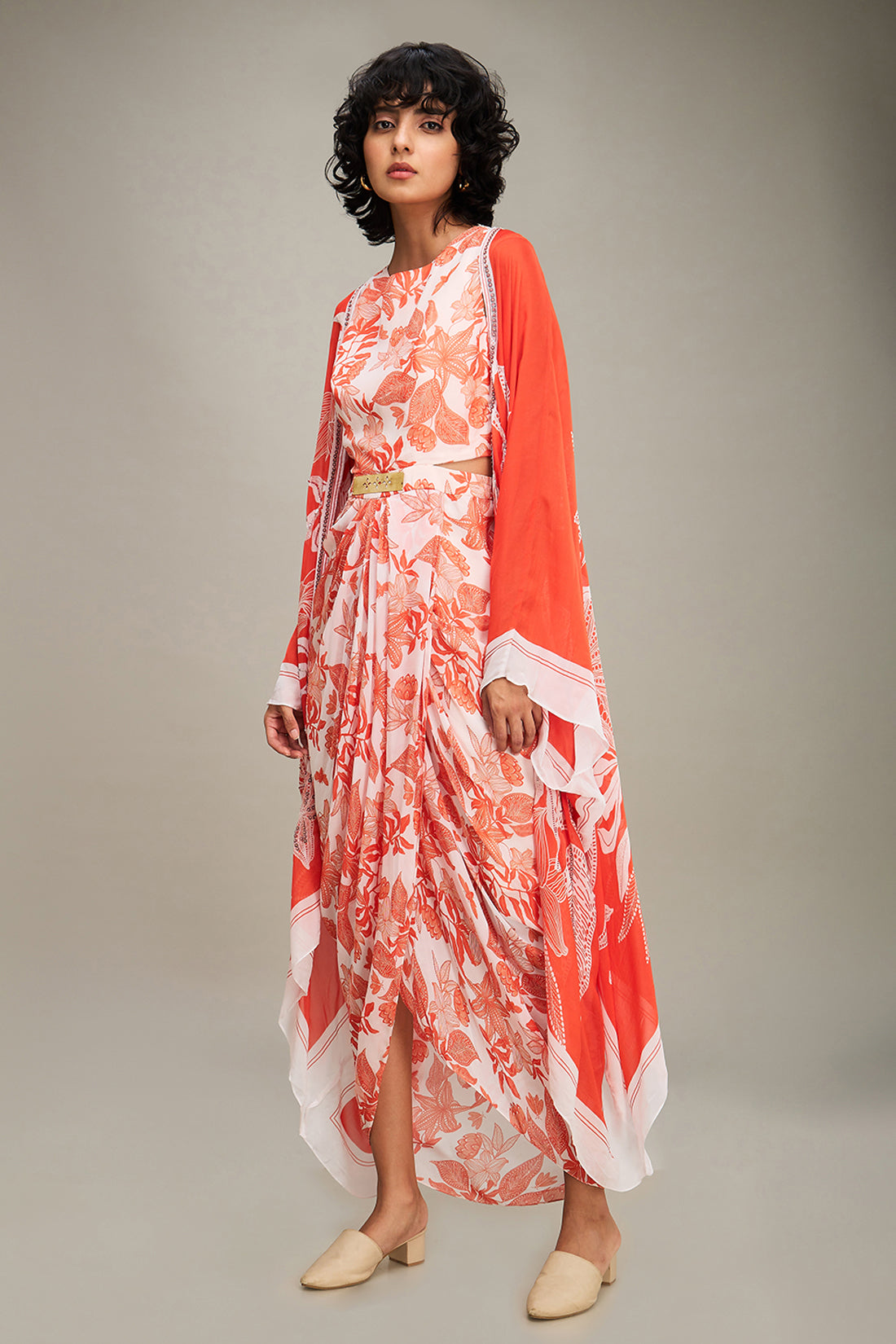 Ahyana Printed Drape Dress With Cape - Red