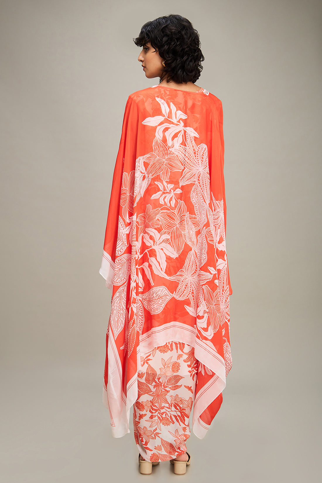 Ahyana Printed Drape Dress With Cape - Red