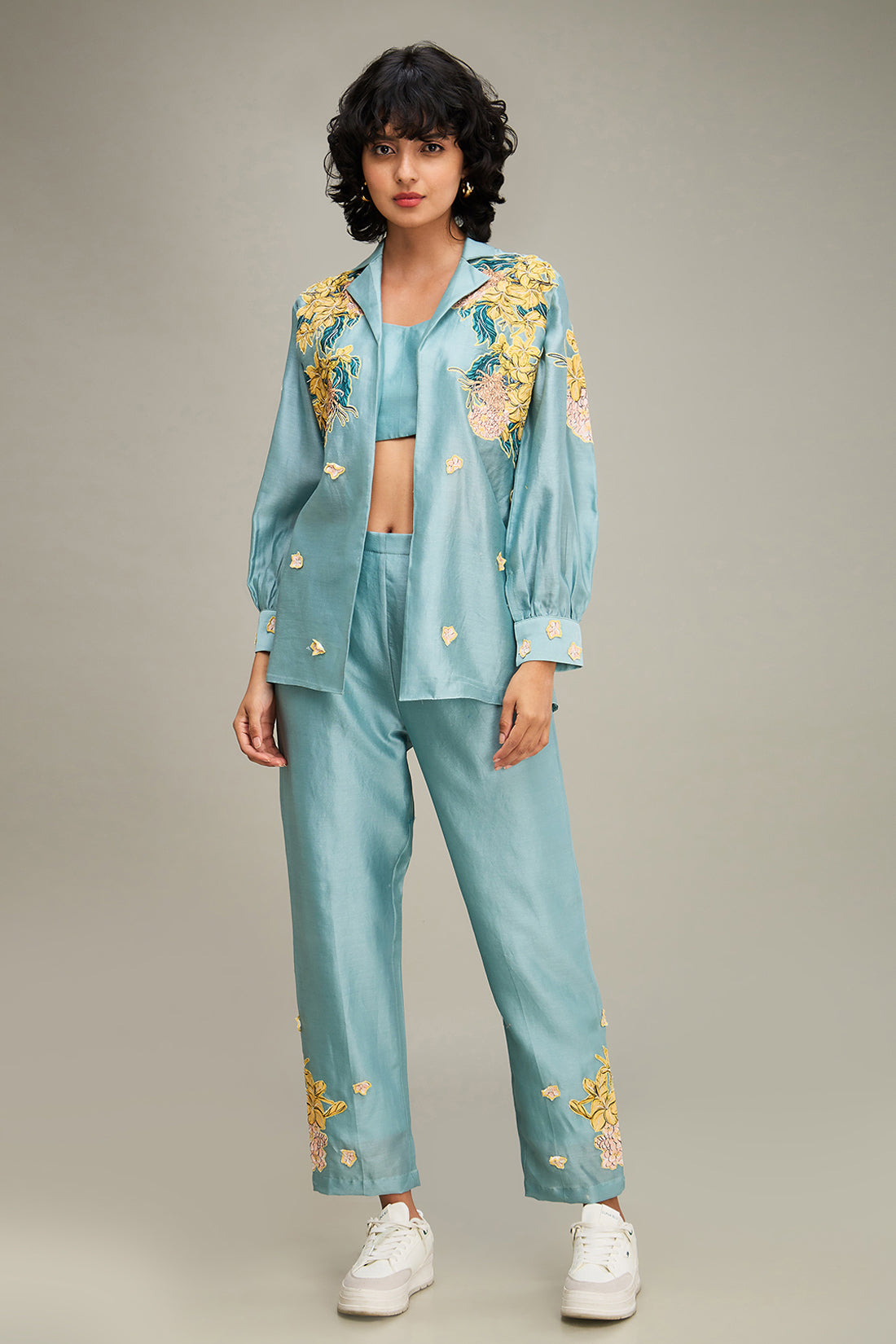 Zinnia Applique Co ord Set With Jacket - Blue