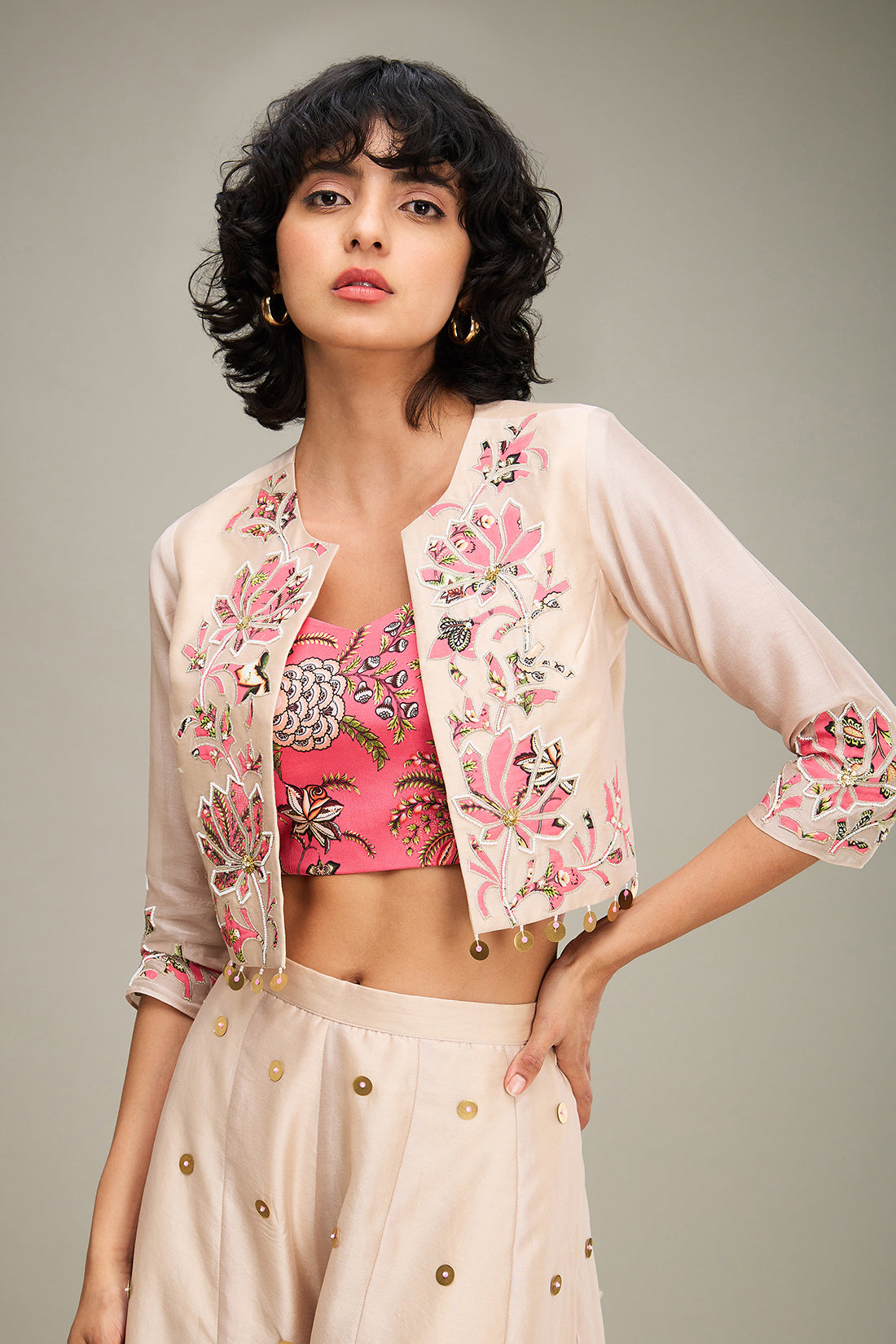 MEHR APPLIQUE PALAZZO SET WITH JACKET - Beige