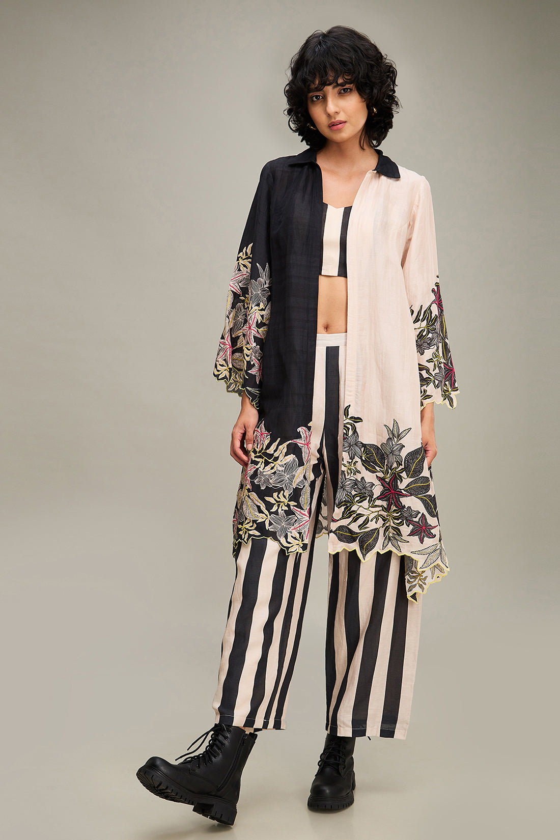 Ahyana Printed Co ord Set With Jacket - Black