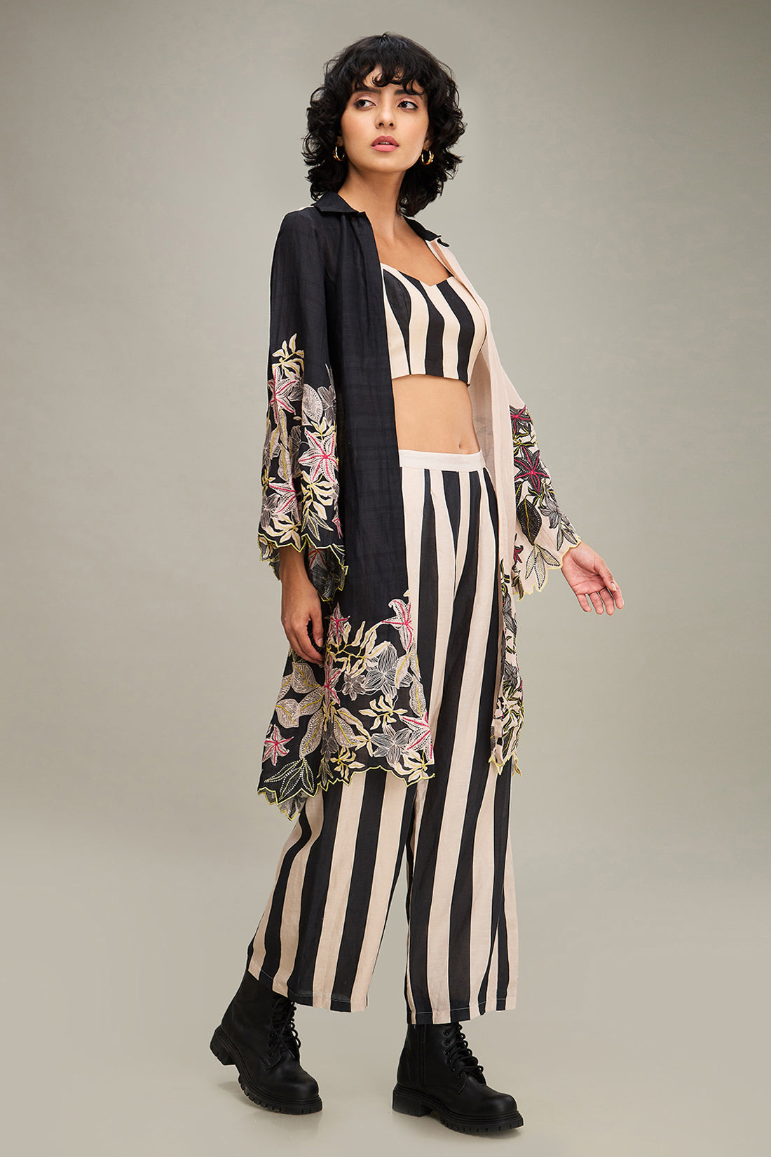 Ahyana Printed Co ord Set With Jacket - Black