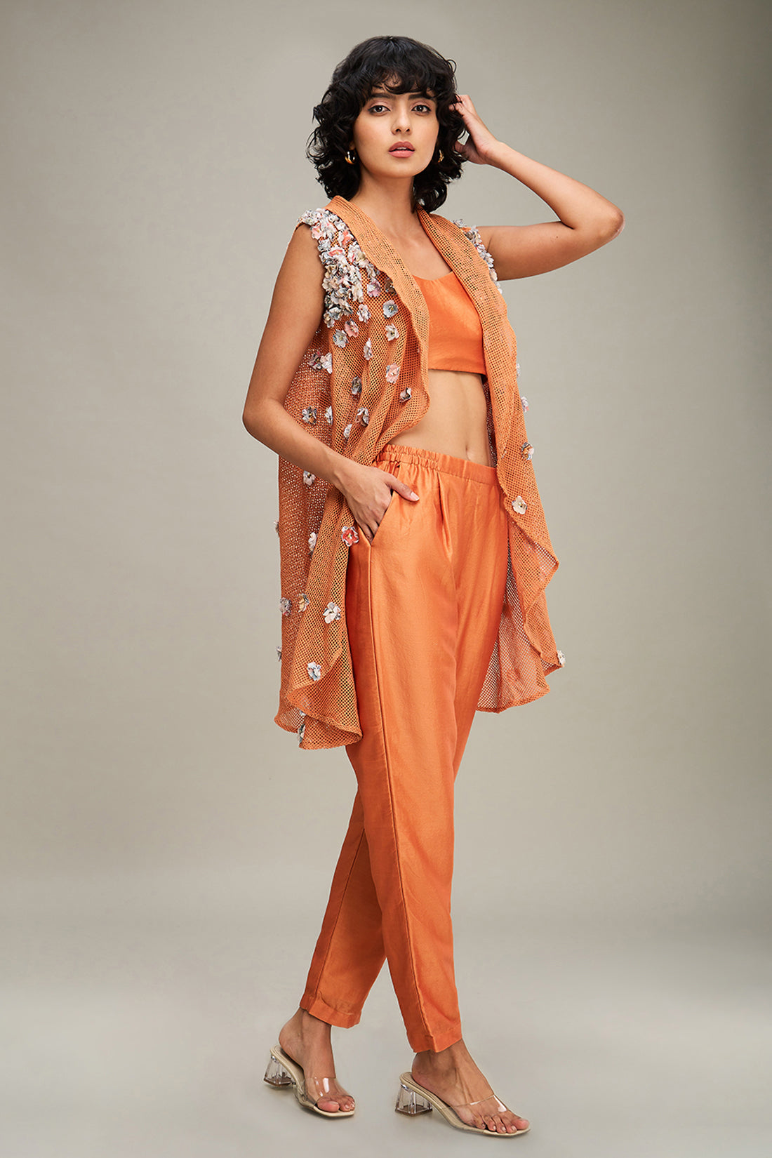 Conversational Embellished Co ord Set With Cape - Orange