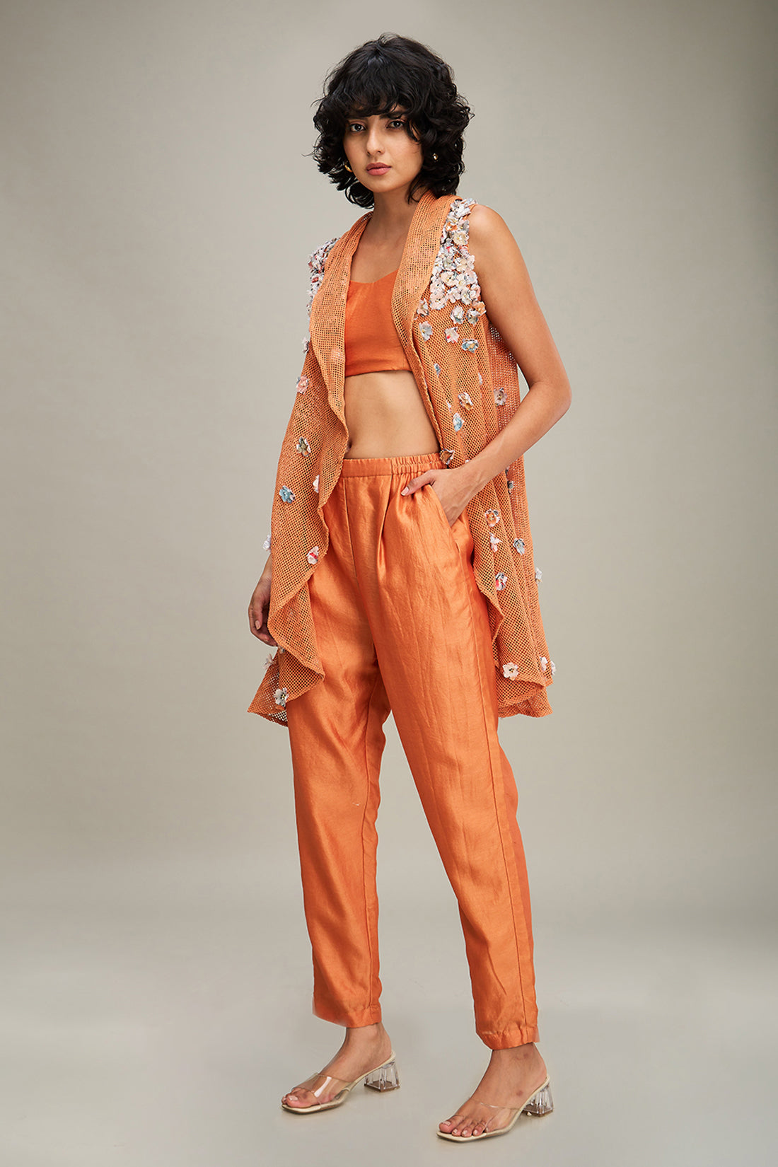 Conversational Embellished Co ord Set With Cape - Orange