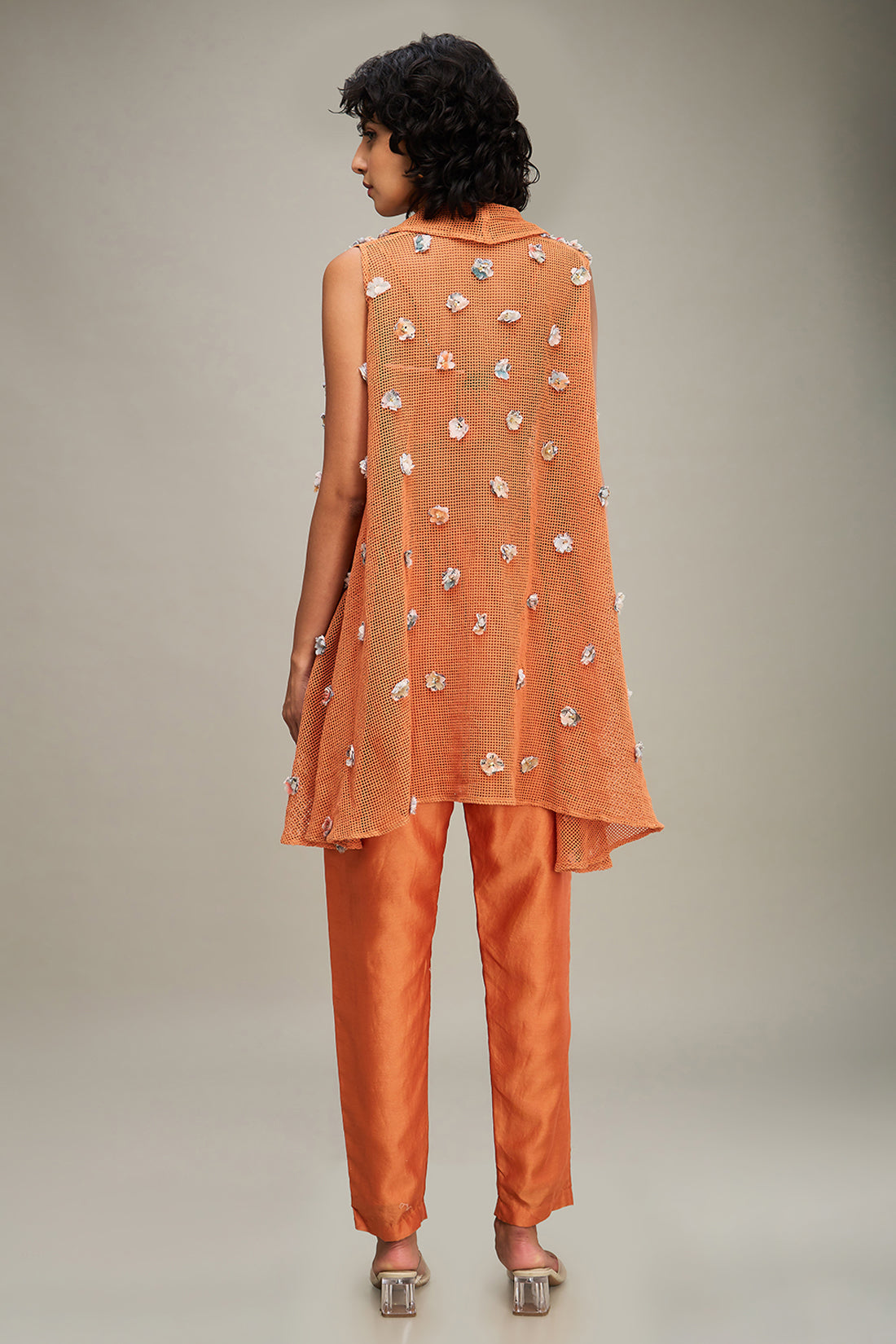 Conversational Embellished Co ord Set With Cape - Orange