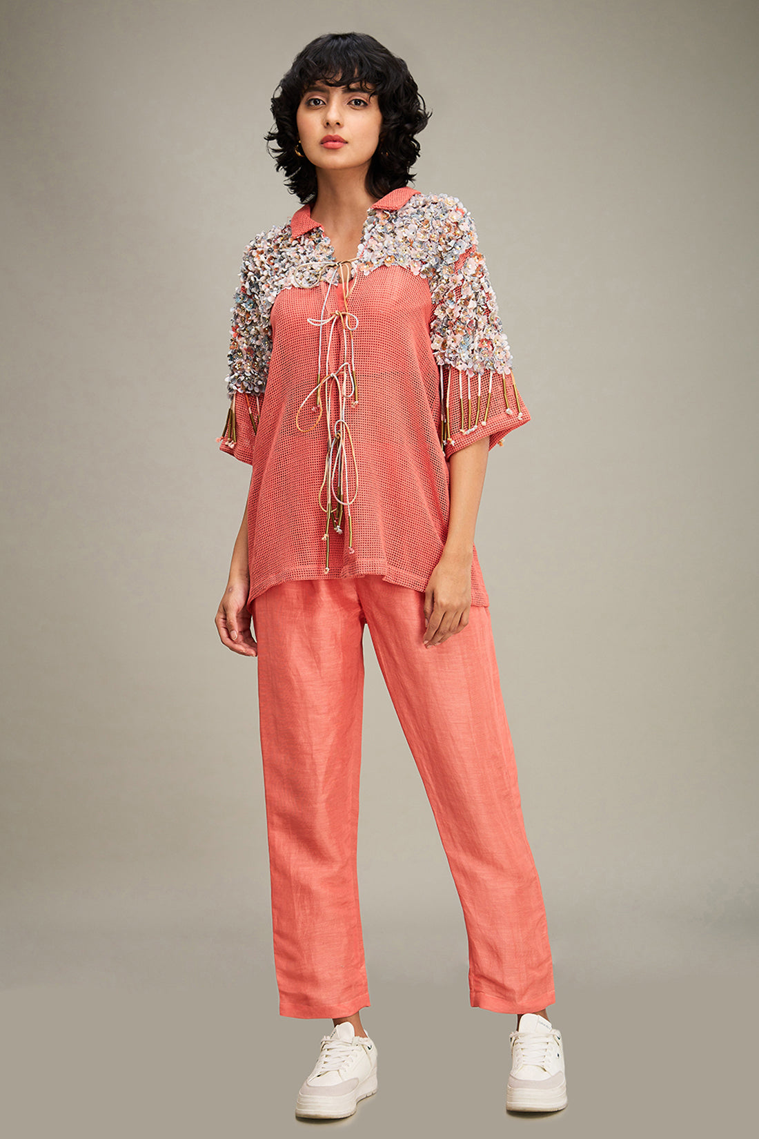 Conversational Co ord with Embellished Jacket - Coral