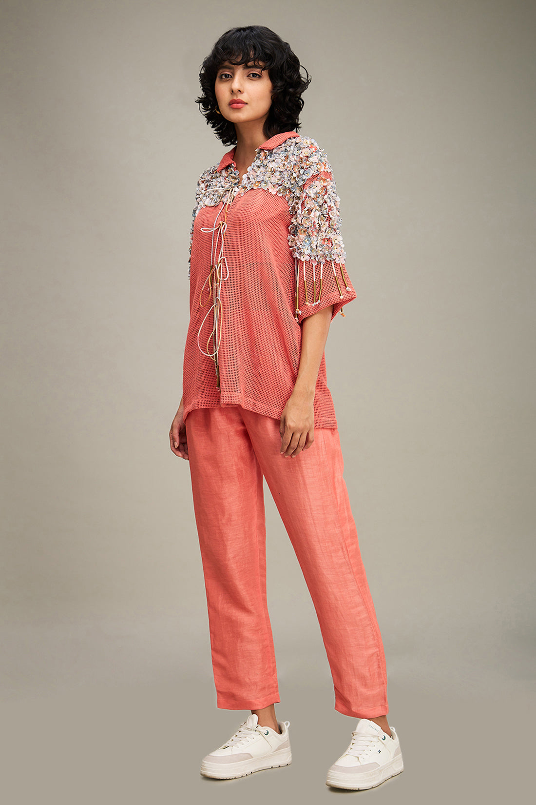 Conversational Co ord with Embellished Jacket - Coral