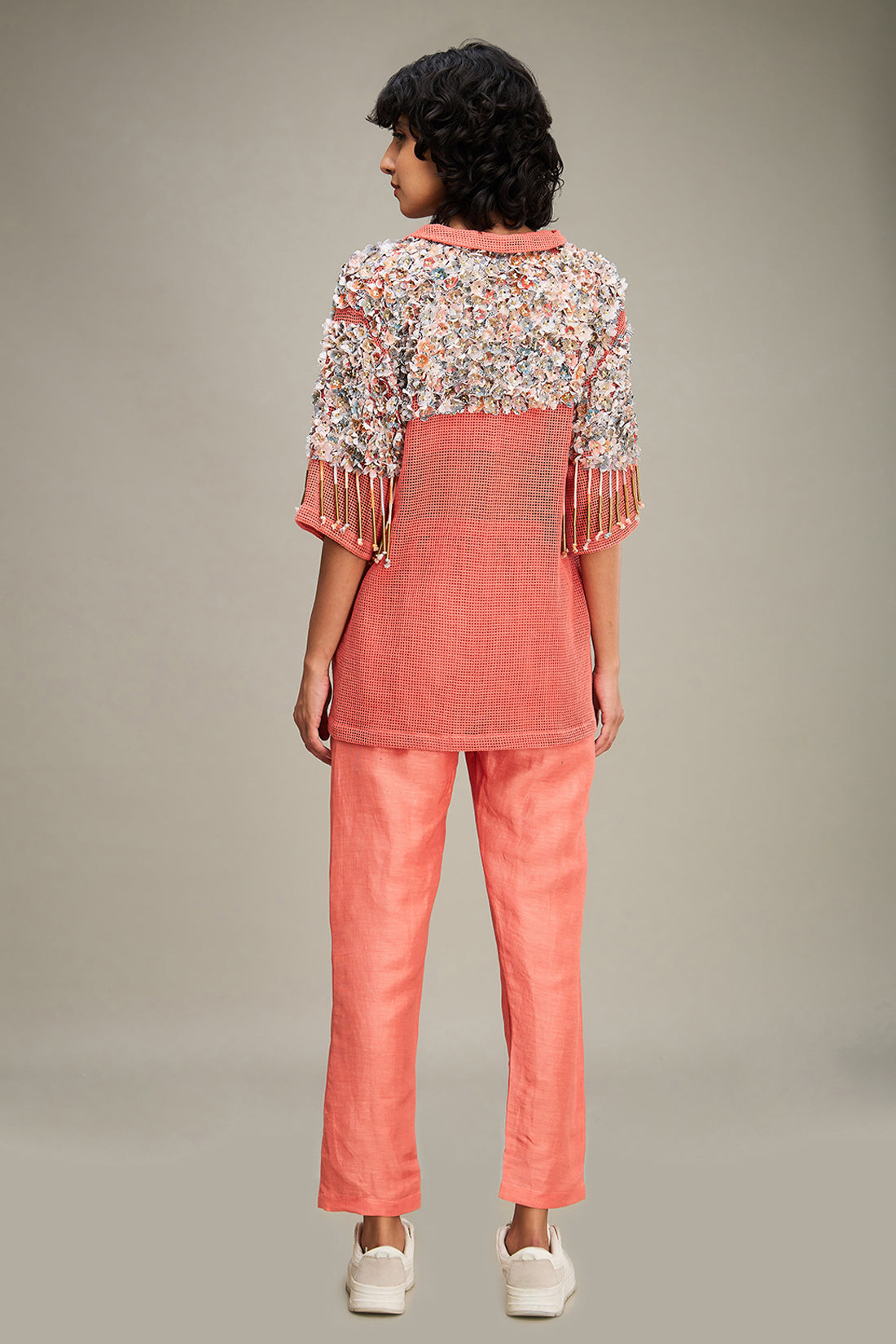 Conversational Co ord with Embellished Jacket - Coral