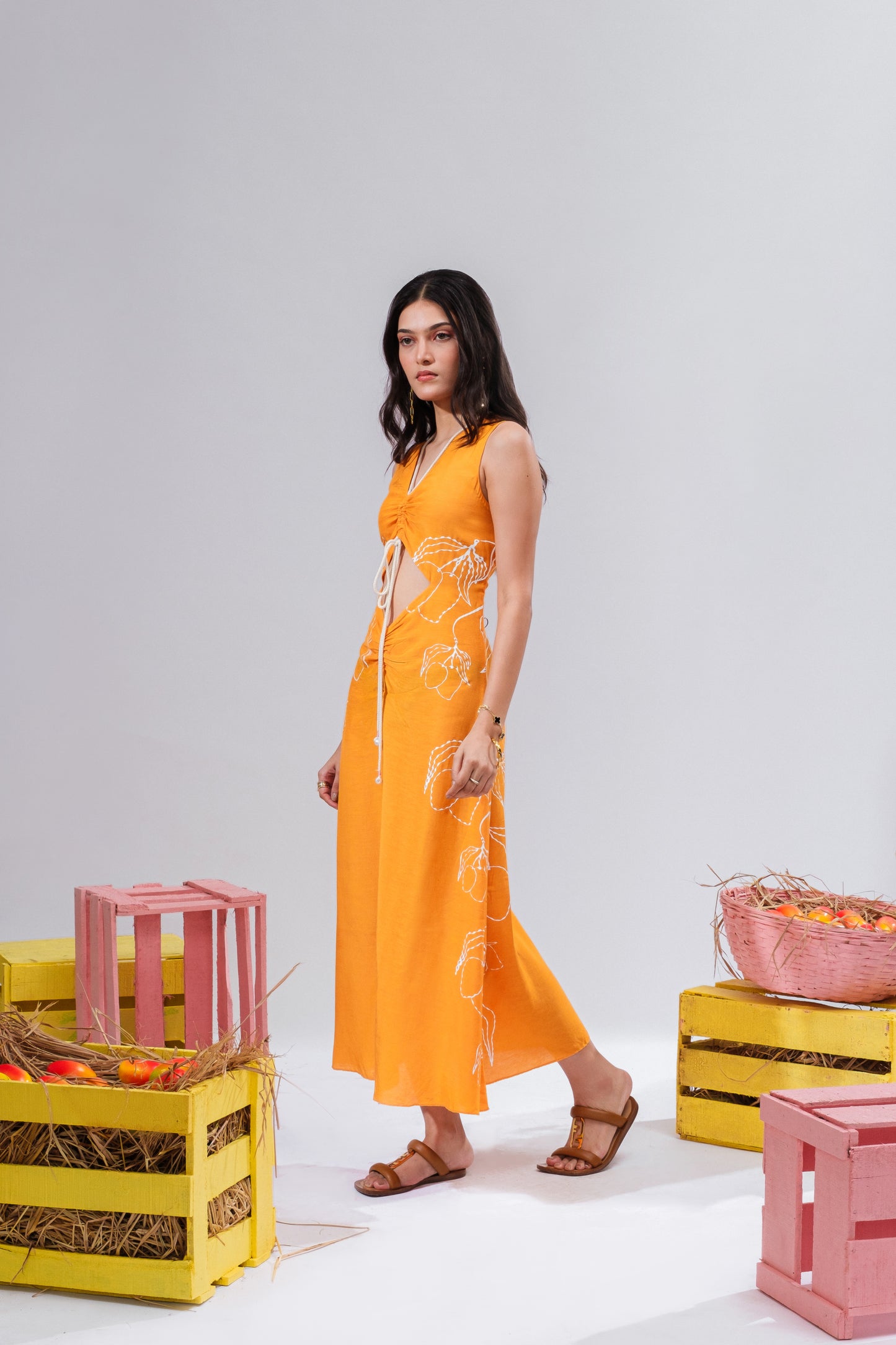 Orange Cut Out Midi Dress