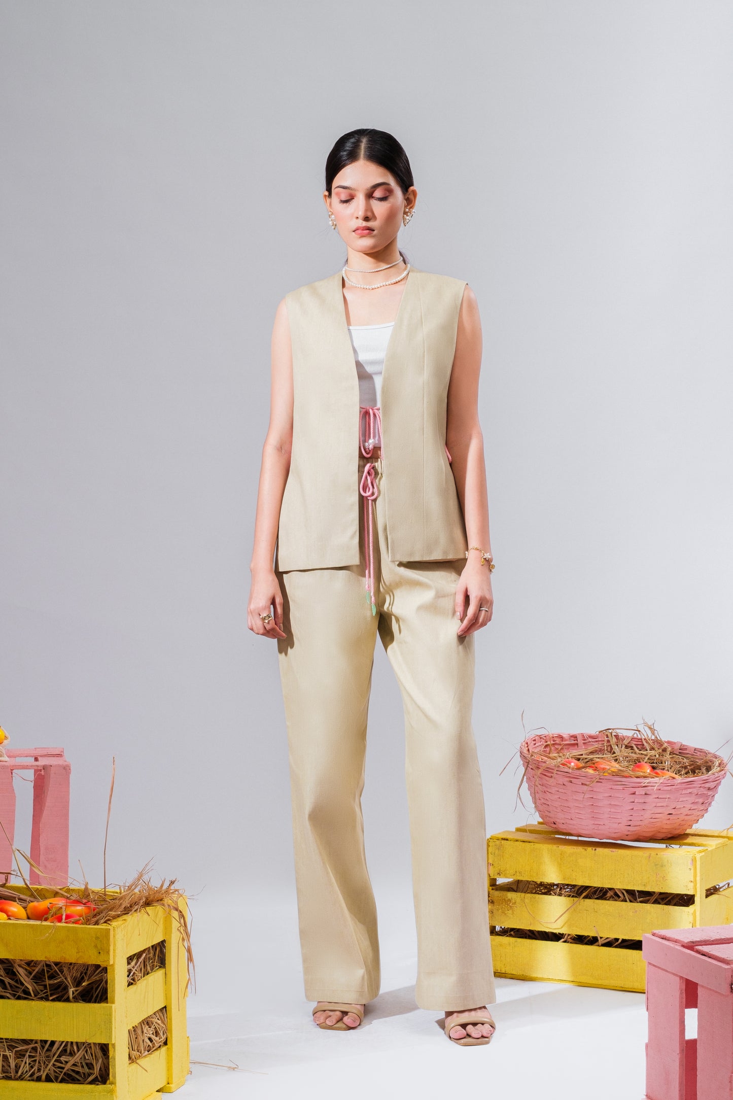 Beige Tie Up Waistcoat