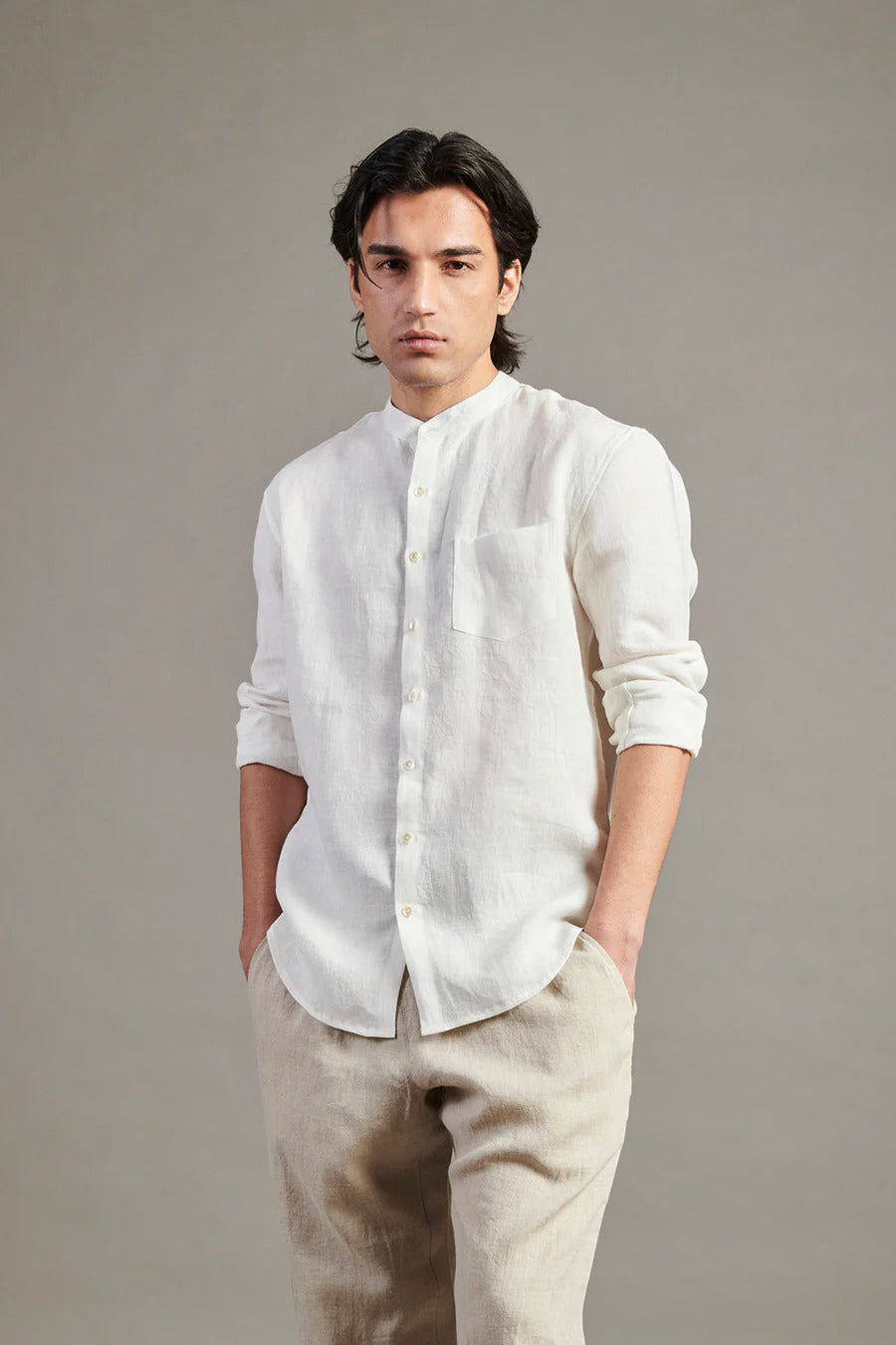 Taj Linen Band Collar Shirt