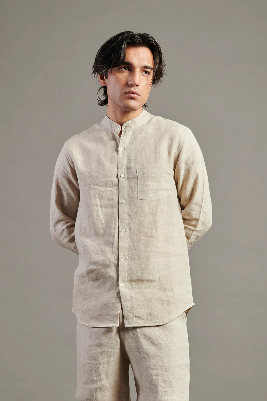 Undyed Linen Band Collar Shirt