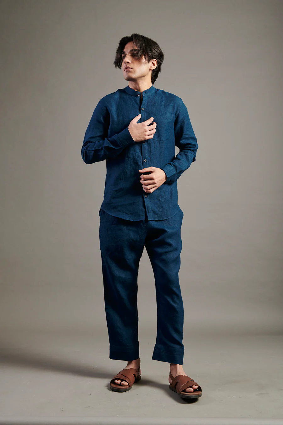 Indigo Linen Band Collar Shirt