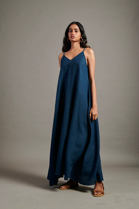 Indigo Linen Flared Slip Dress