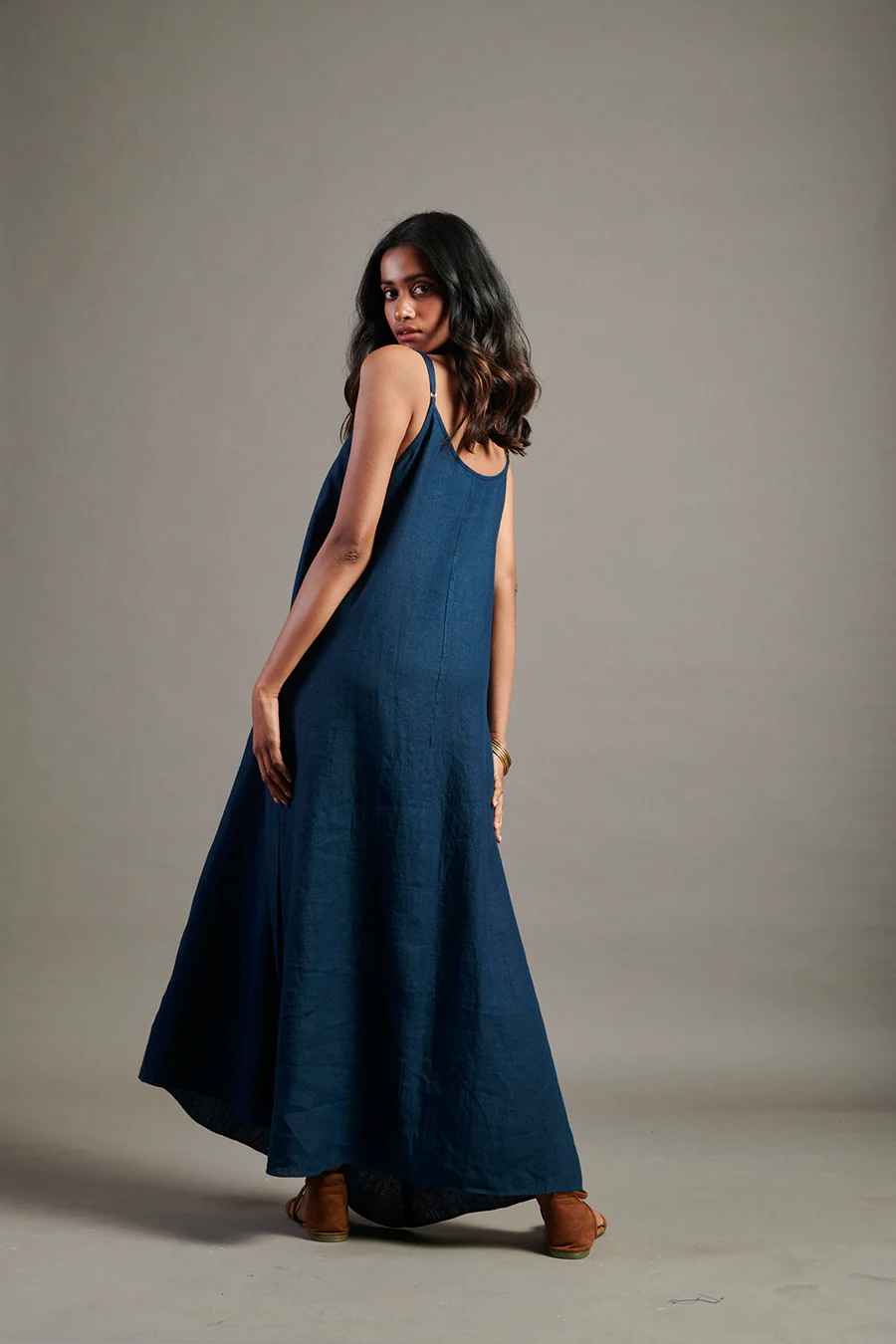 Indigo Linen Flared Slip Dress