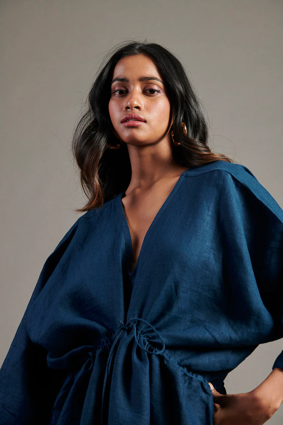 Indigo Linen Gathered Kaftan Dress