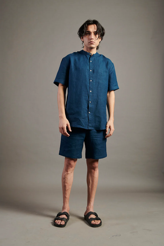 Indigo Linen Half Sleeves Band Collar Shirt