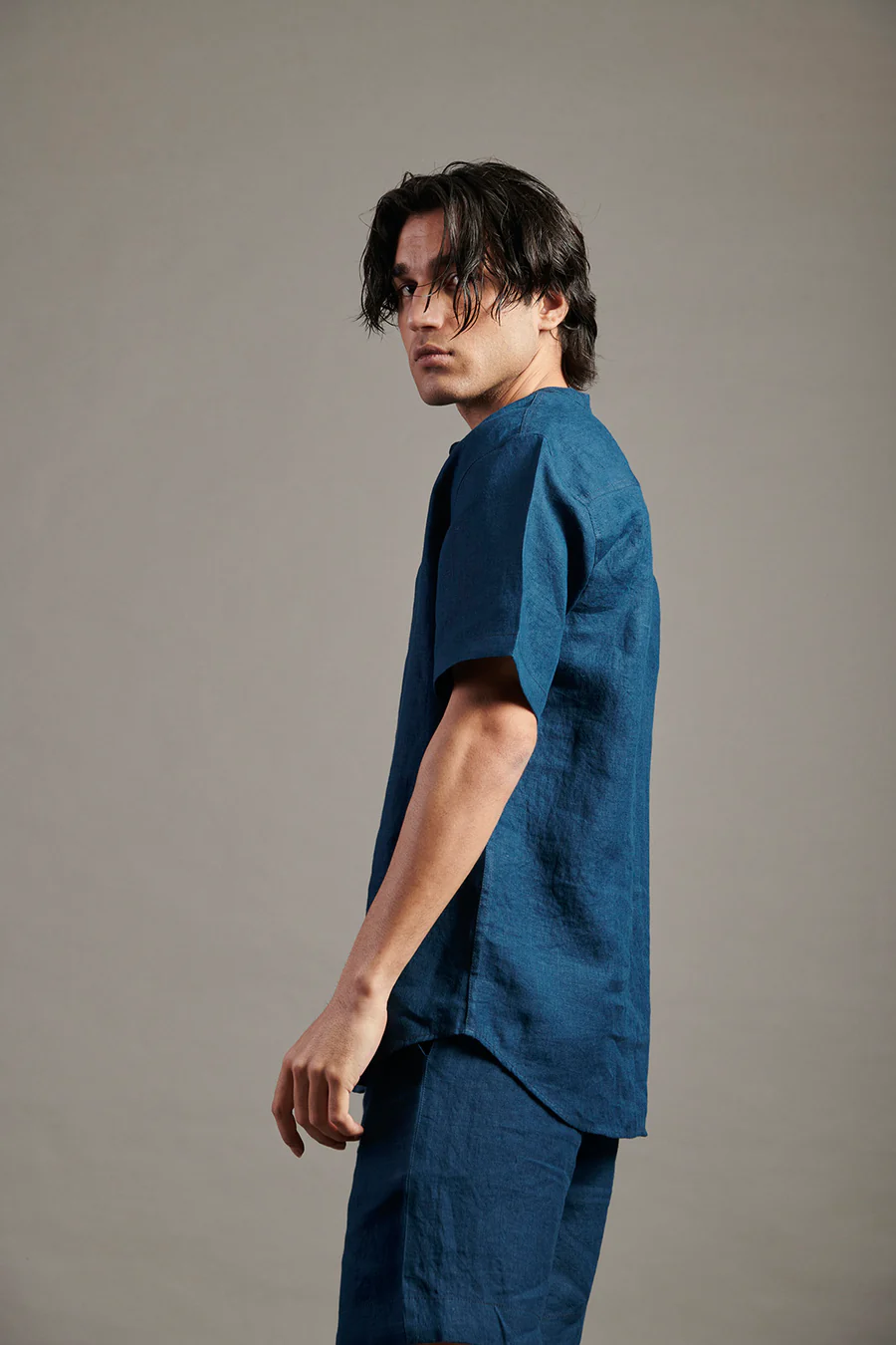 Indigo Linen Half Sleeves Band Collar Shirt