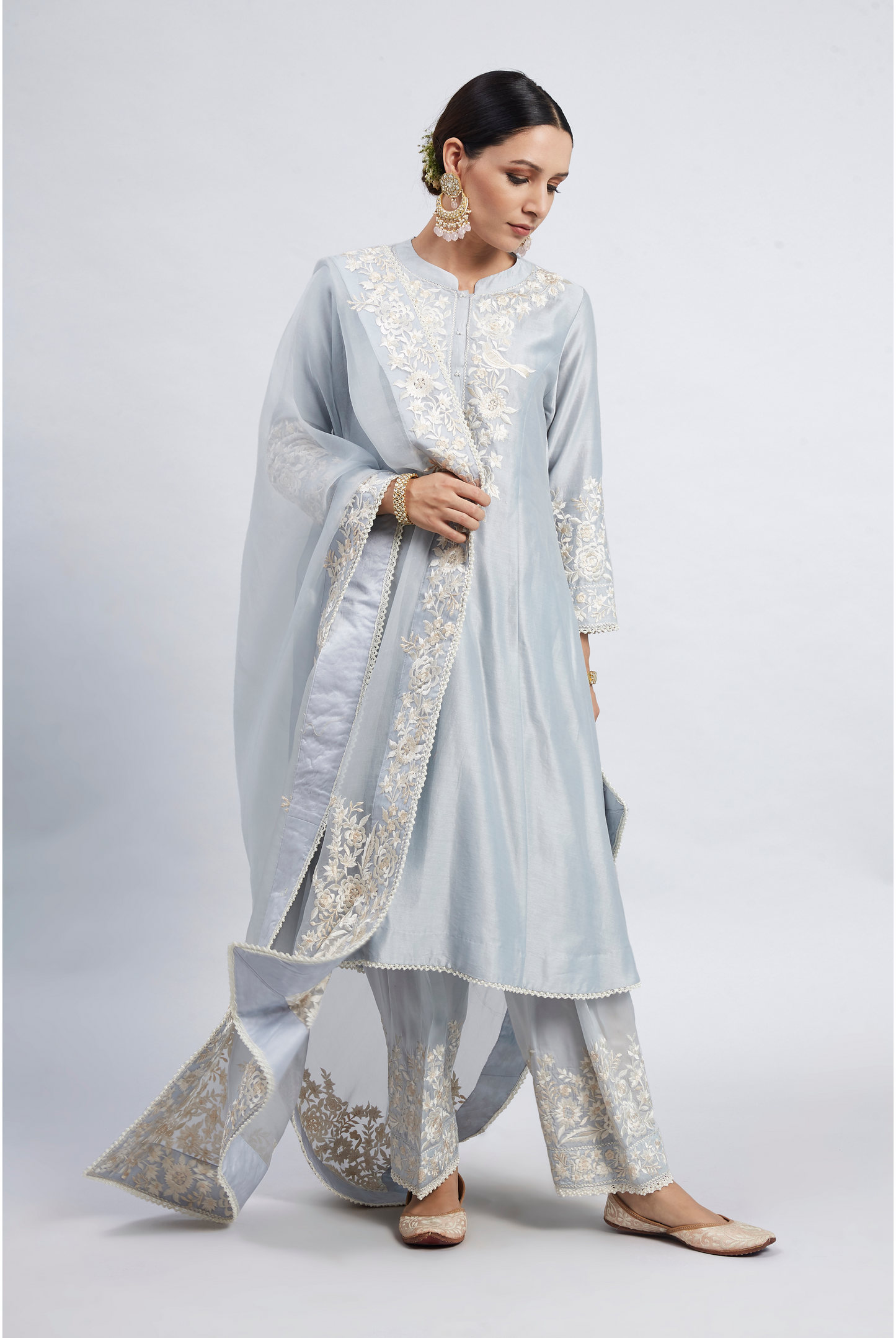 Kaina Pure Chanderi Silk Parsi Gara Embroidered Ensemble - Teal Blue