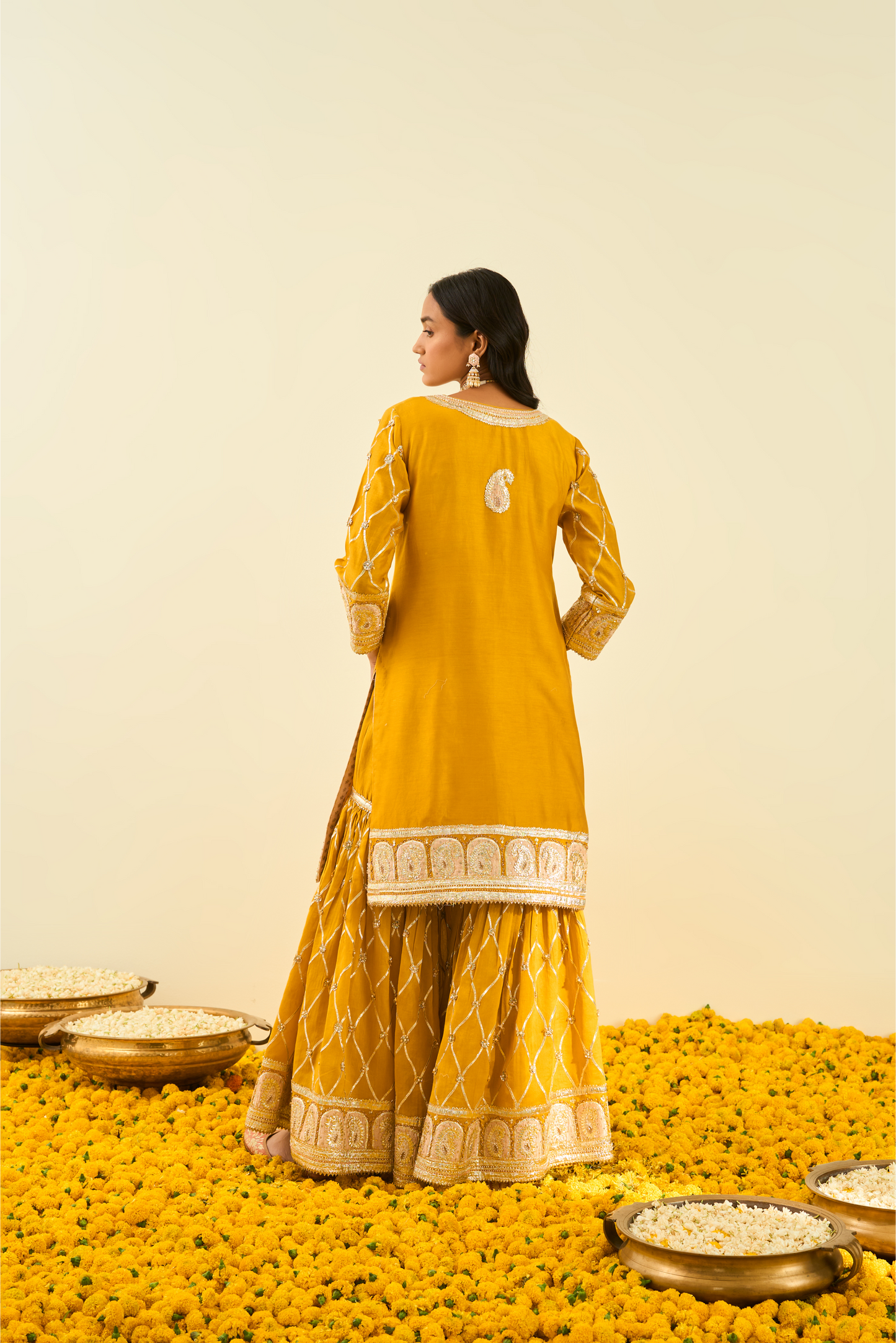 Shabina Kurta with Garara and Dupatta - Glaze Mustard