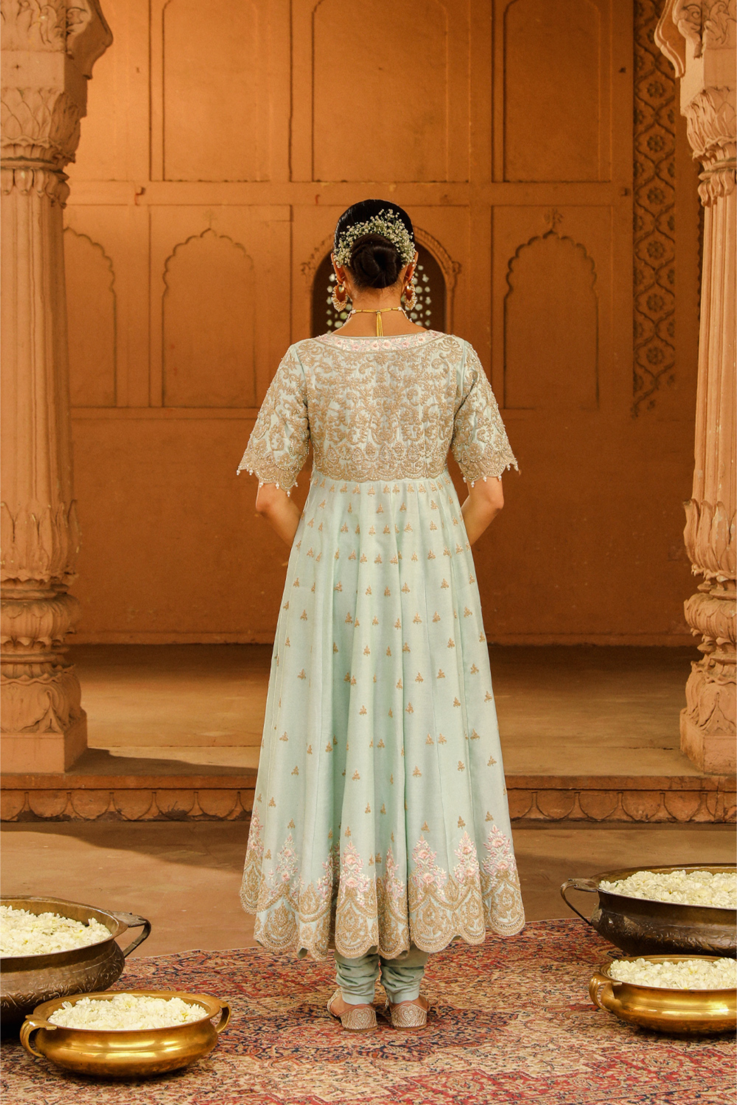 Wasifa Long Anarkali with chooridaar and dupatta - Misty Green