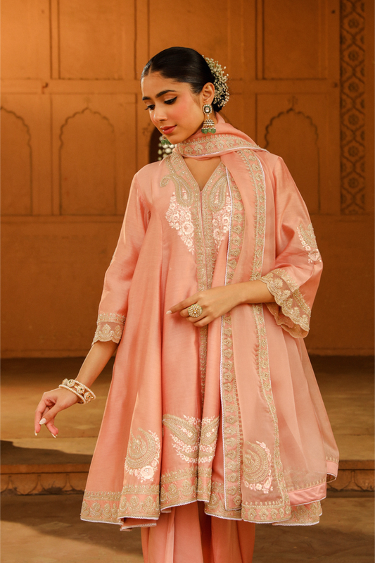 Fajr Short Anarkali with salwar and dupatta - Off Rose