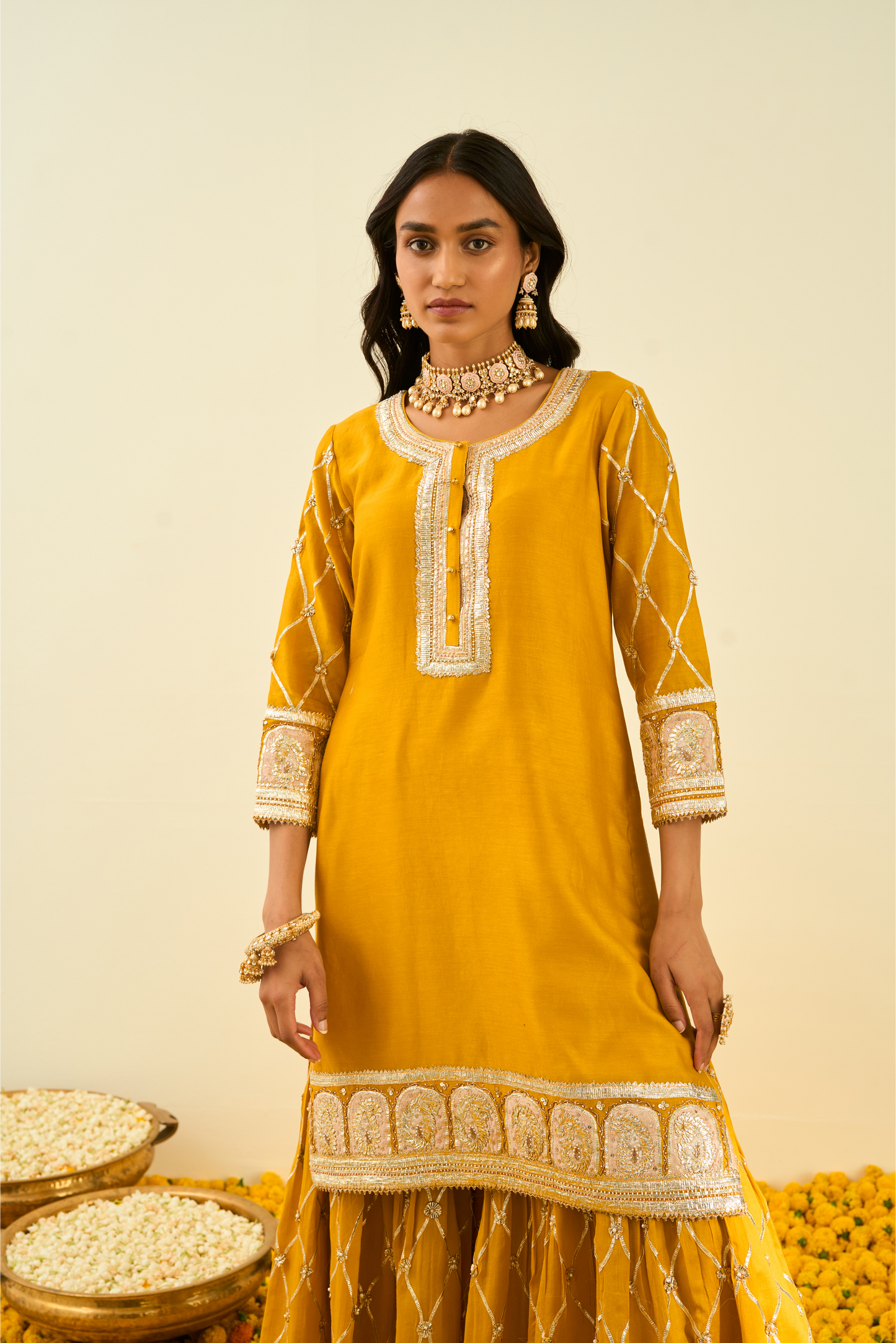 Shabina Kurta with Garara and Dupatta - Glaze Mustard