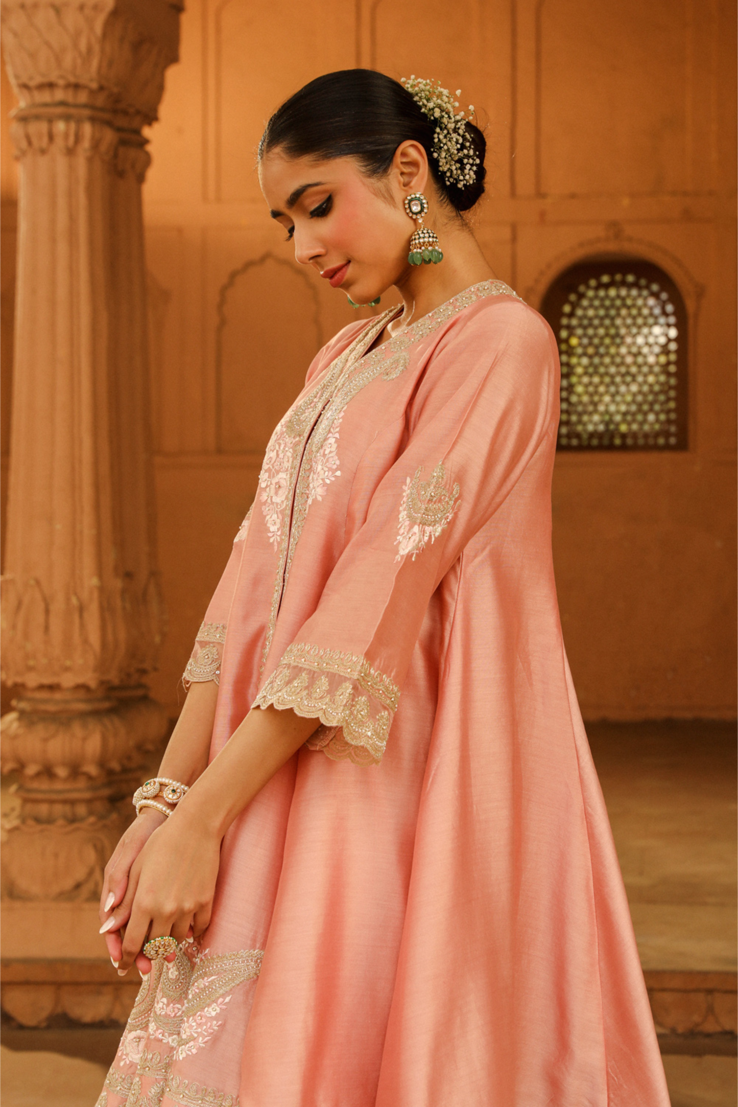 Fajr Short Anarkali with salwar and dupatta - Off Rose