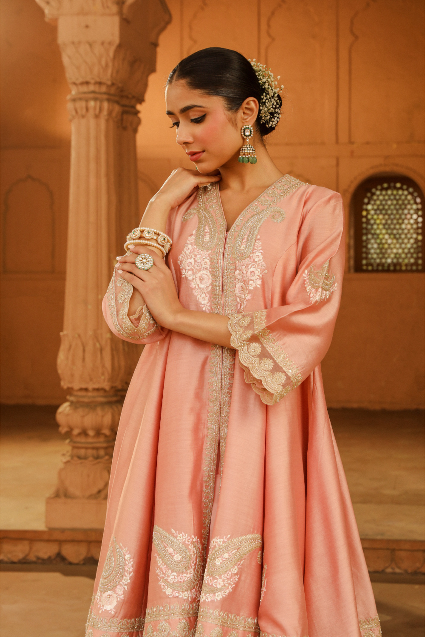 Fajr Short Anarkali with salwar and dupatta - Off Rose