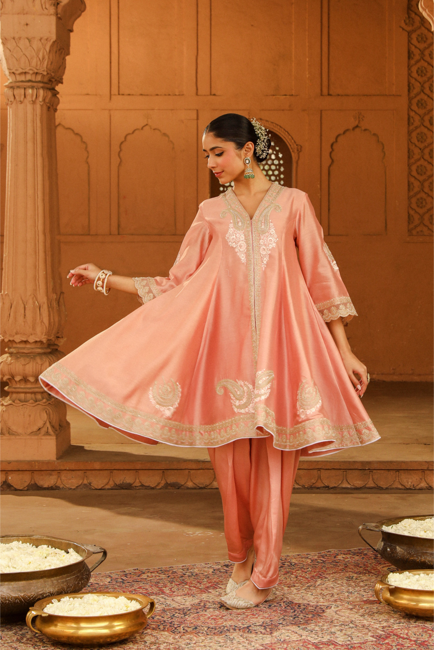 Fajr Short Anarkali with salwar and dupatta - Off Rose