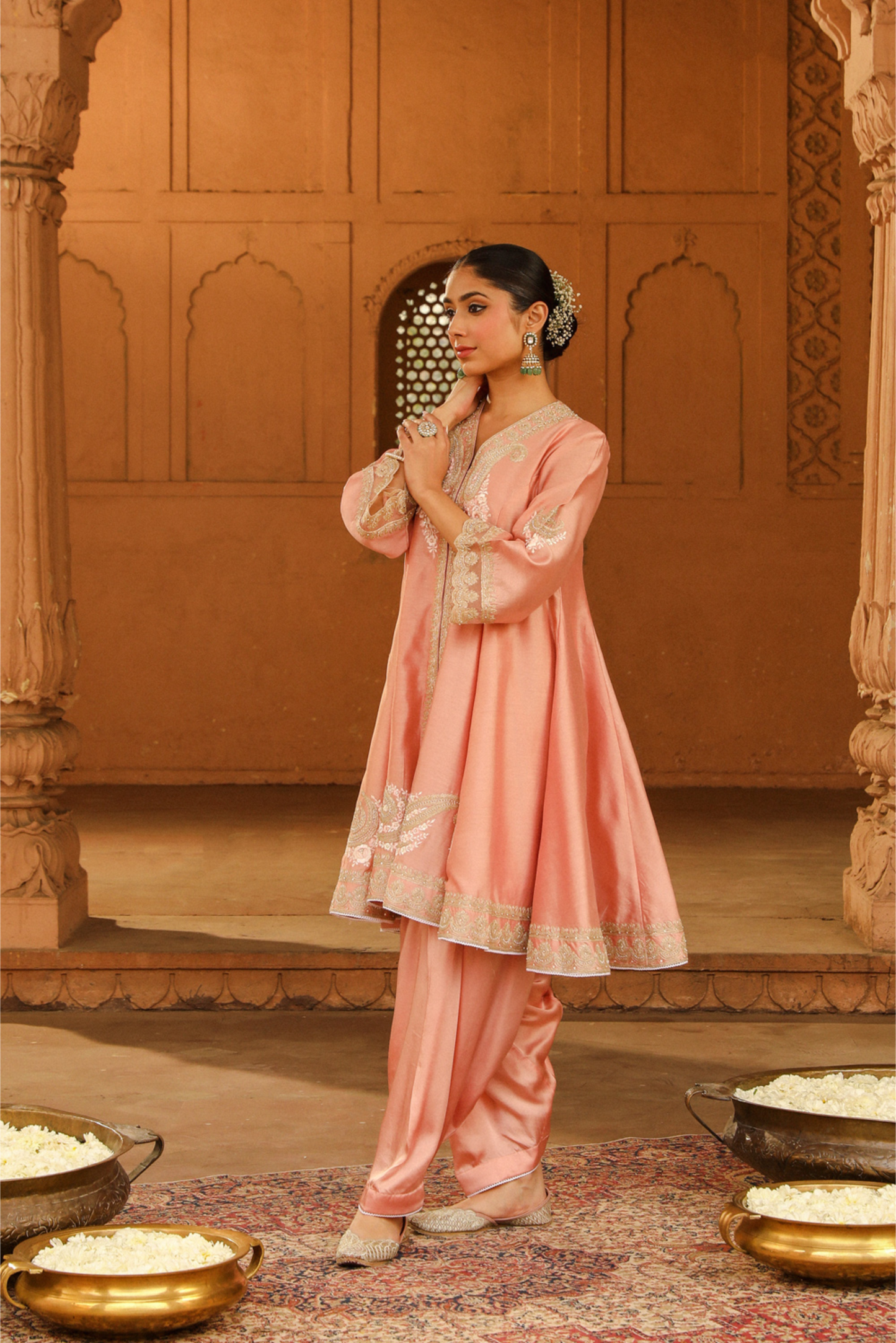 Fajr Short Anarkali with salwar and dupatta - Off Rose